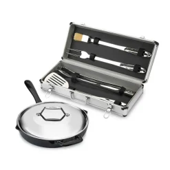 Enameled Cast Iron 12 inch Skillet with Lid & 5 piece BBQ Tool Set