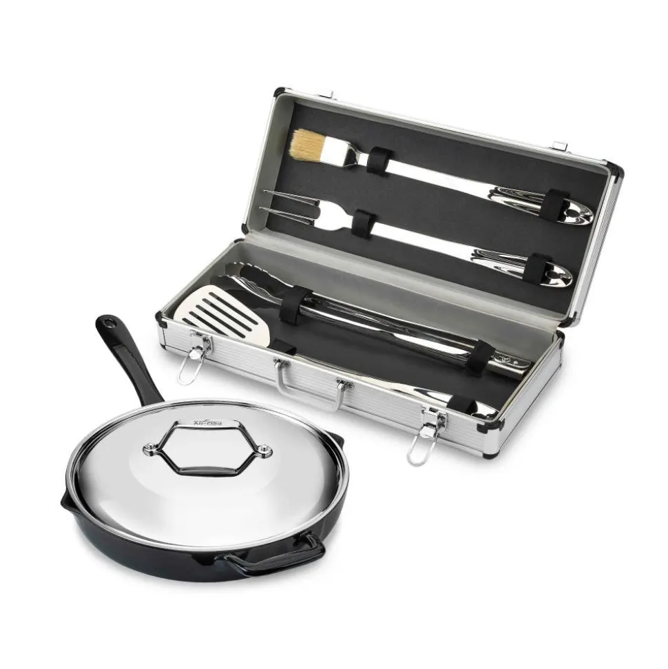 Enameled Cast Iron 12 inch Skillet with Lid & 5 piece BBQ Tool Set