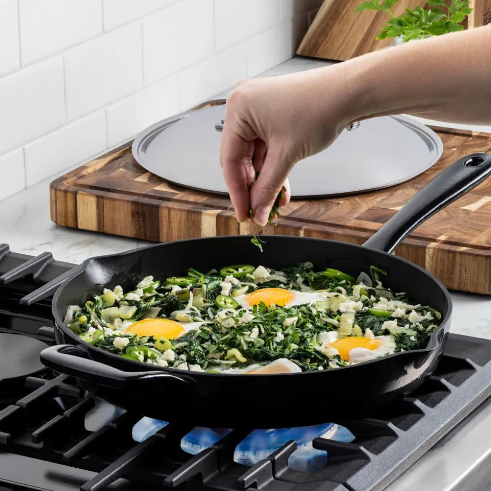 Enameled Cast Iron 12 inch Skillet with Lid & 5 piece BBQ Tool Set